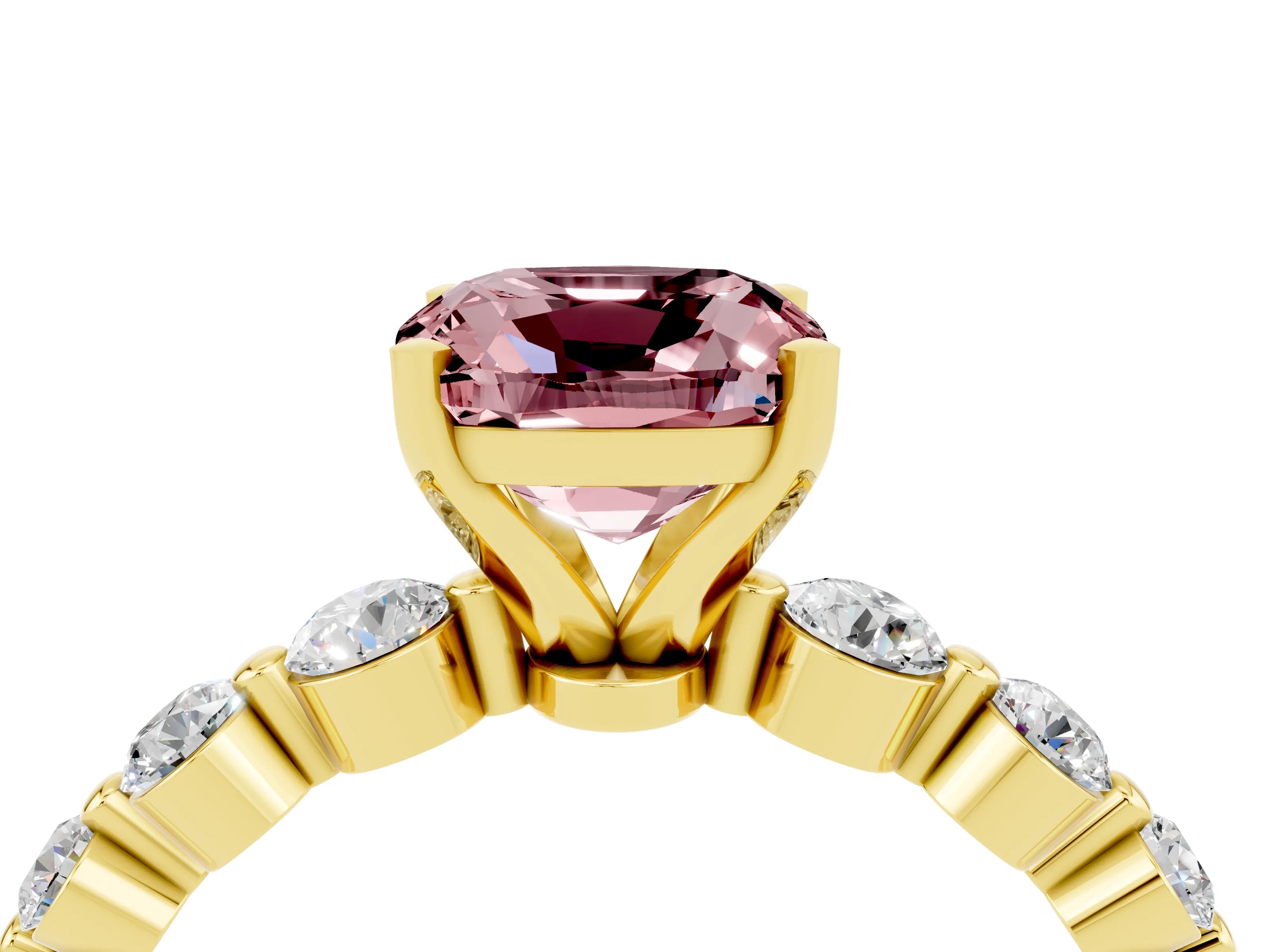 Yellow gold Cushion Cut Solitaire Morganite Ring with Pave Band and Four-Prong Setting_4