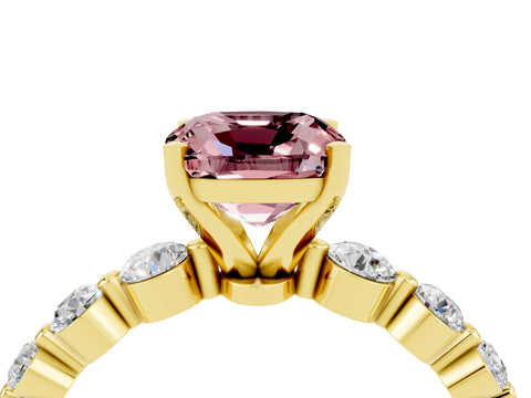 Yellow gold Cushion Cut Solitaire Morganite Ring with Pave Band and Four-Prong Setting_4