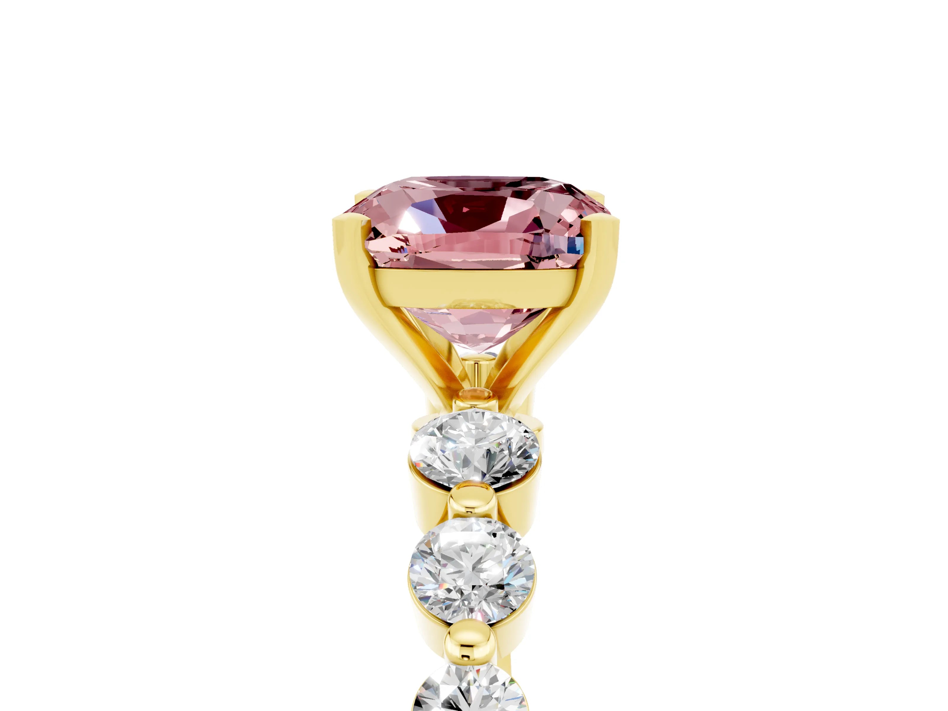 Yellow gold Cushion Cut Solitaire Morganite Ring with Pave Band and Four-Prong Setting_5