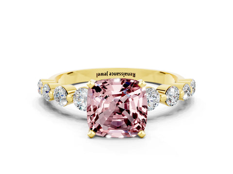 Yellow gold Cushion Cut Solitaire Morganite Ring with Pave Band and Four-Prong Setting