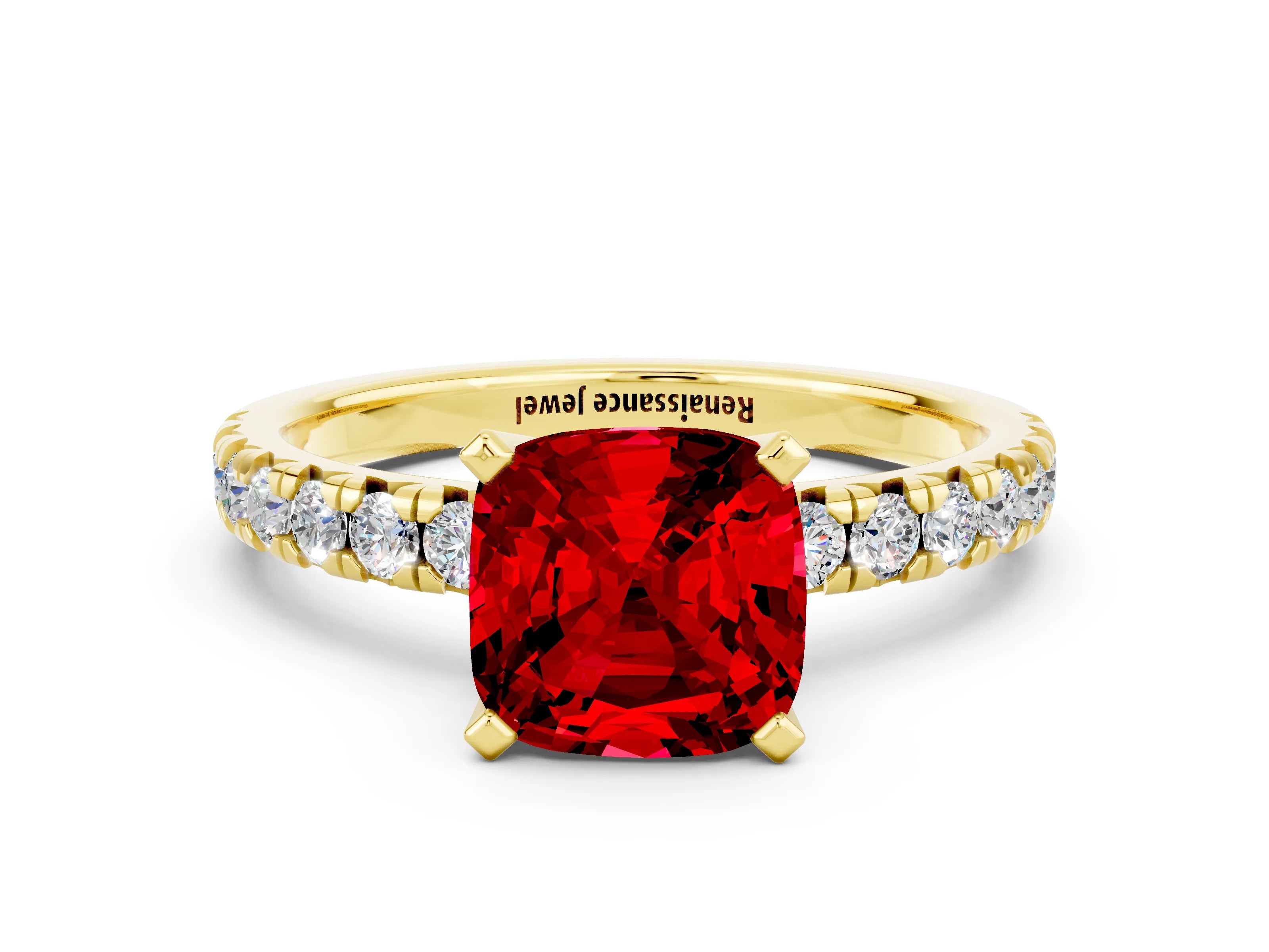 Yellow gold Cushion Cut Solitaire Pave Diamond Engagement Ring with Four-Prong Setting_12