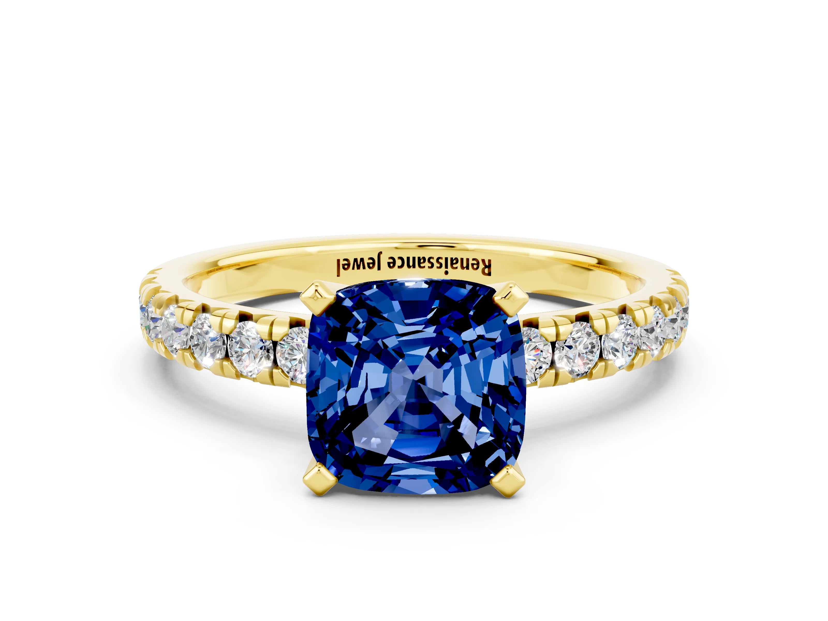 Yellow gold Cushion Cut Solitaire Pave Diamond Engagement Ring with Four-Prong Setting_12