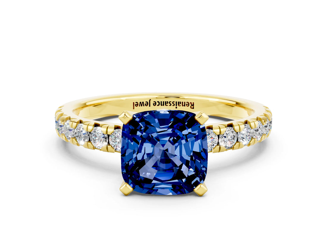Yellow gold Cushion Cut Solitaire Pave Diamond Engagement Ring with Four-Prong Setting_12