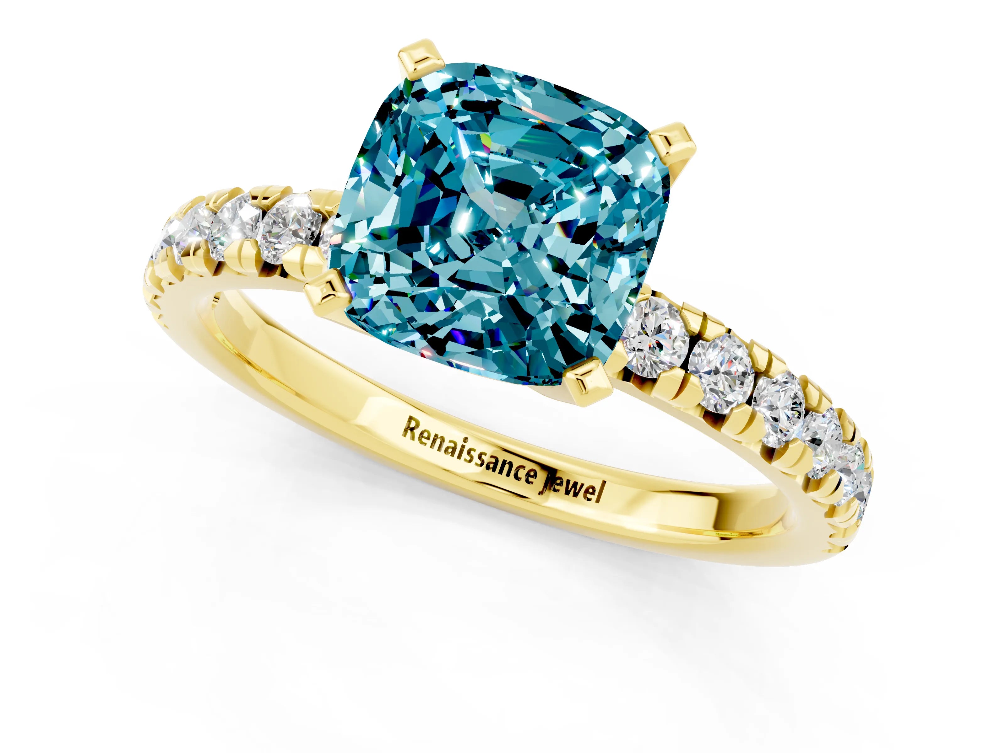 Yellow gold Cushion Cut Solitaire Pave Diamond Engagement Ring with Four-Prong Setting_1
