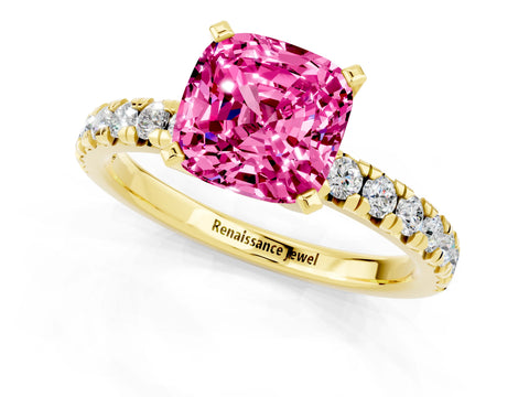 Yellow gold Cushion Cut Solitaire Pave Diamond Engagement Ring with Four-Prong Setting_1