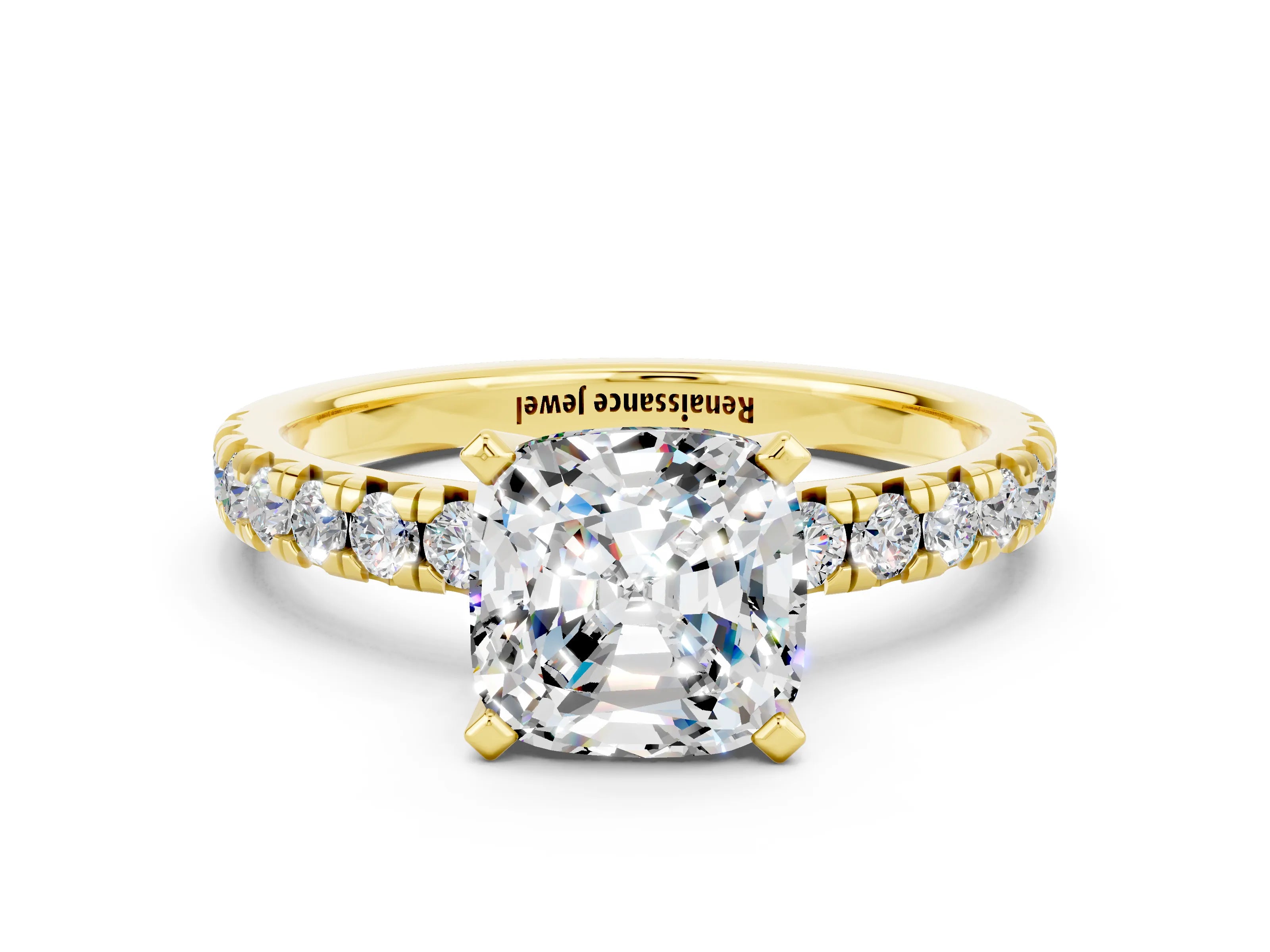 Yellow gold Cushion Cut Solitaire Pave Diamond Engagement Ring with Four-Prong Setting_25