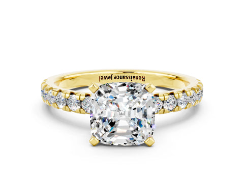 Yellow gold Cushion Cut Solitaire Pave Diamond Engagement Ring with Four-Prong Setting_25