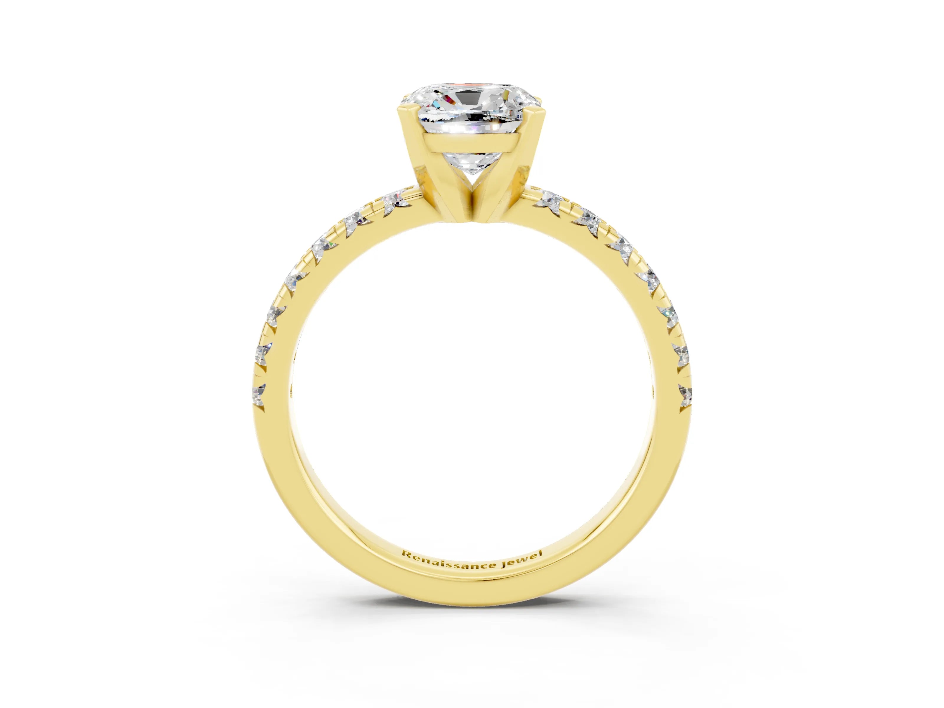 Yellow gold Cushion Cut Solitaire Pave Diamond Engagement Ring with Four-Prong Setting_3