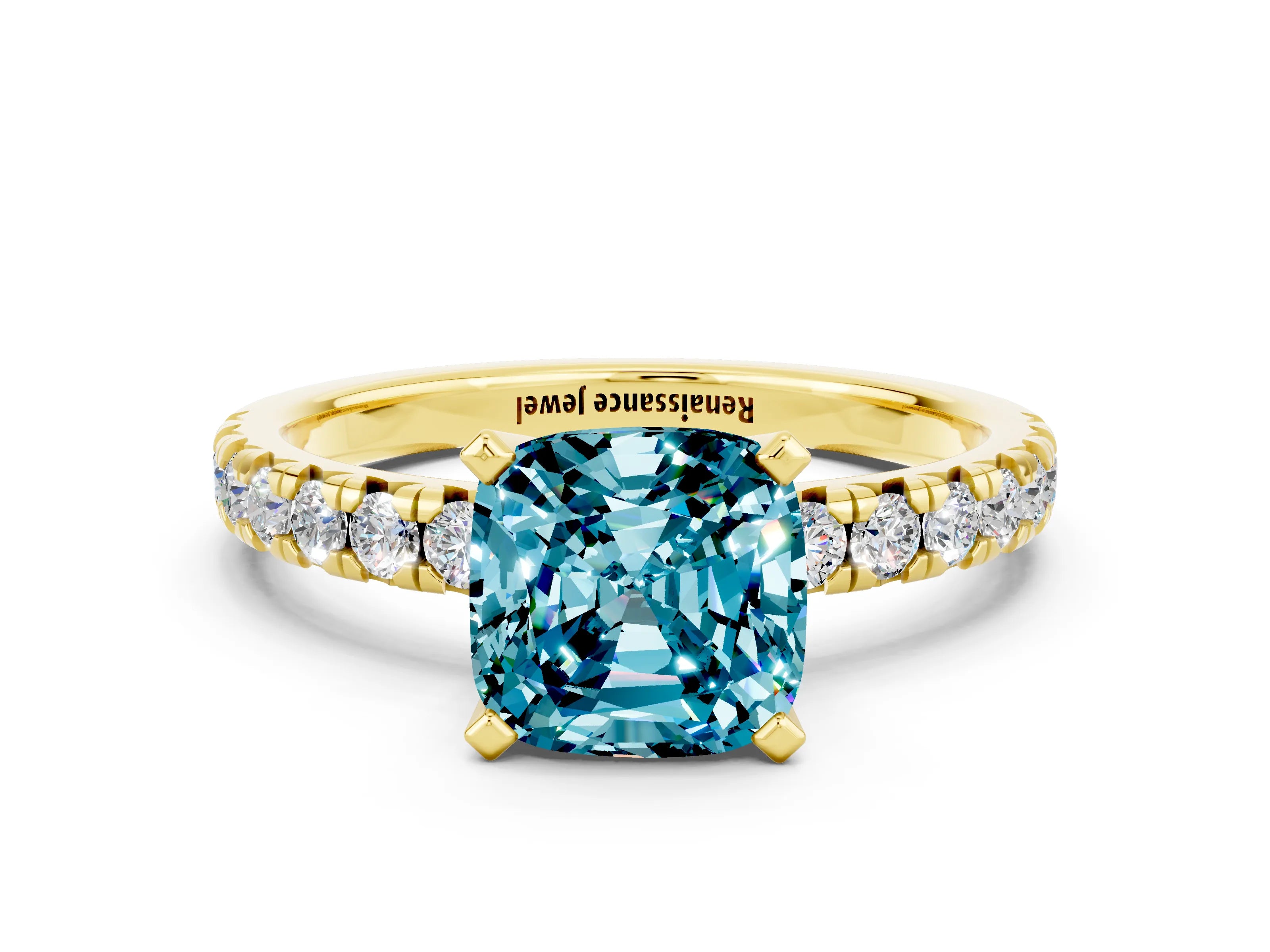 Yellow gold Cushion Cut Solitaire Pave Diamond Engagement Ring with Four-Prong Setting