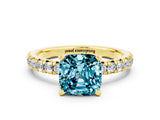 Yellow gold Cushion Cut Solitaire Pave Diamond Engagement Ring with Four-Prong Setting