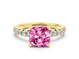 Yellow gold Cushion Cut Solitaire Pave Diamond Engagement Ring with Four-Prong Setting