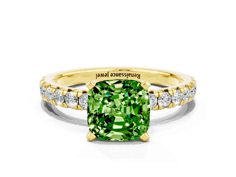 Yellow gold Cushion Cut Solitaire Pave Diamond Engagement Ring with Four-Prong Setting