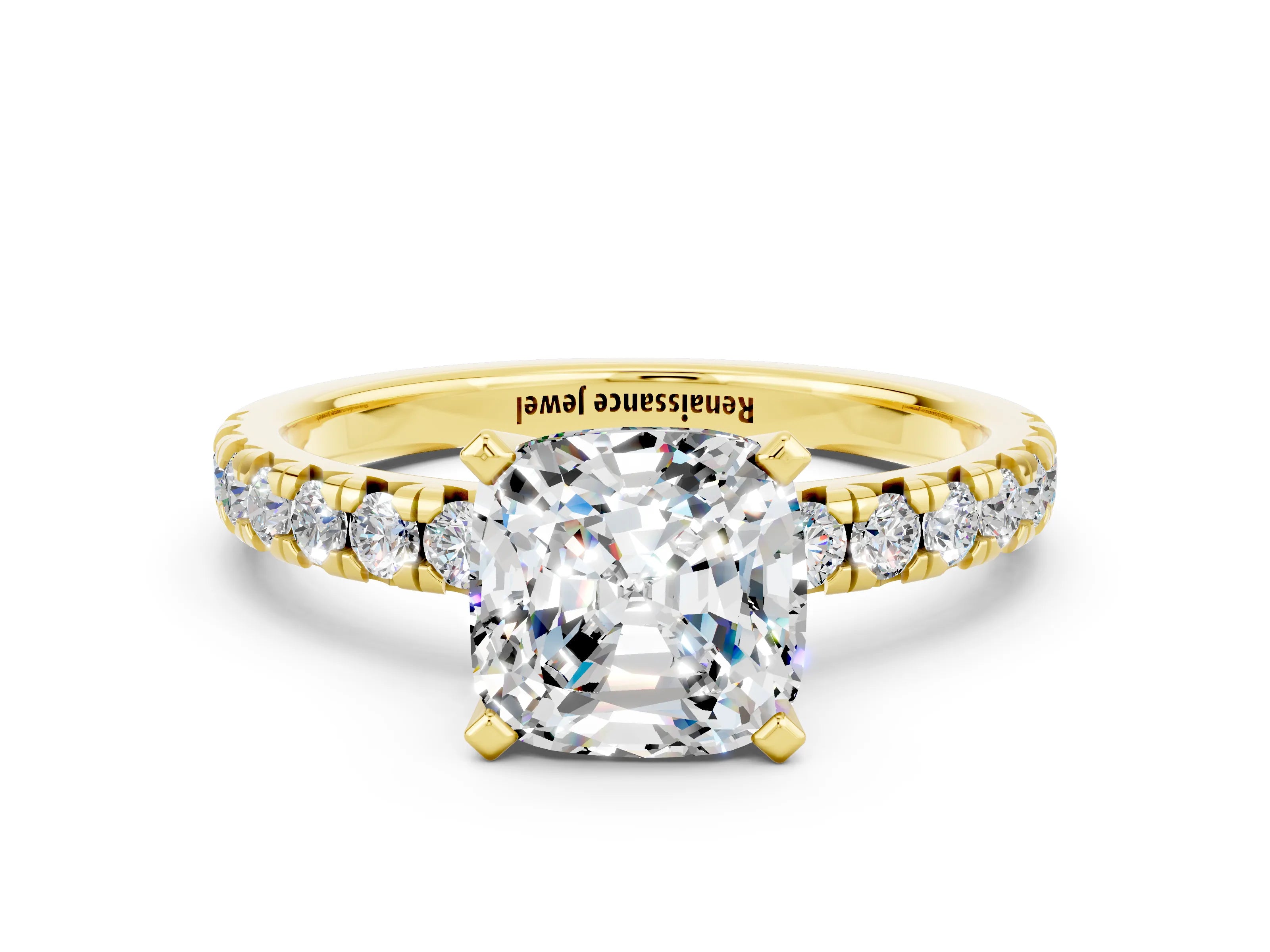 Yellow gold Cushion Cut Solitaire Pave Diamond Engagement Ring with Four-Prong Setting_7