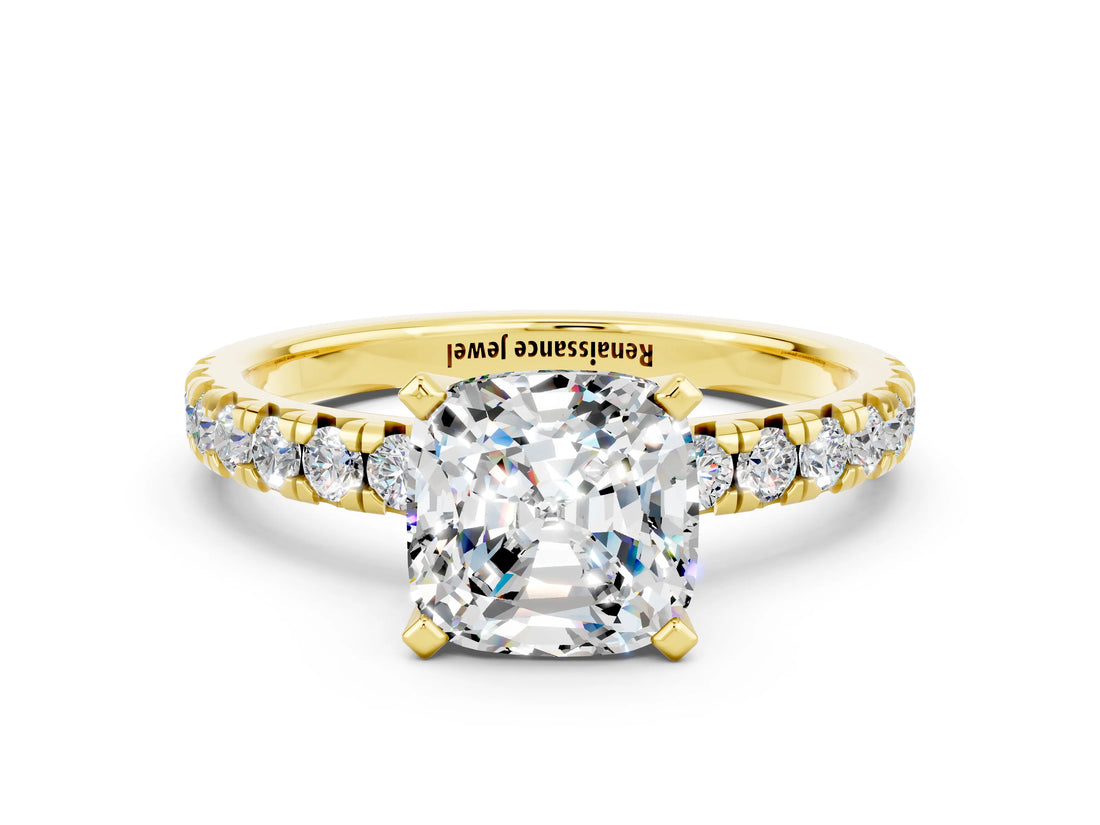 Yellow gold Cushion Cut Solitaire Pave Diamond Engagement Ring with Four-Prong Setting_7