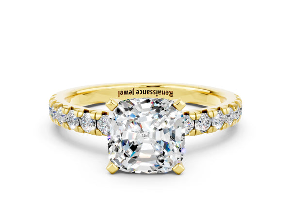 Yellow gold Cushion Cut Moissanite Solitaire Pavé Engagement Ring with Round Band and Prong Setting