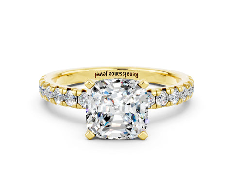 Yellow gold Cushion Cut Solitaire Pave Diamond Engagement Ring with Four-Prong Setting