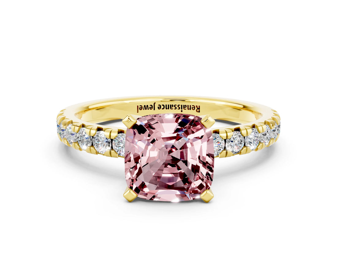 Yellow gold Cushion Cut Solitaire Pave Diamond Engagement Ring with Four-Prong Setting