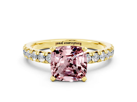 Yellow gold Cushion Cut Solitaire Pave Diamond Engagement Ring with Four-Prong Setting