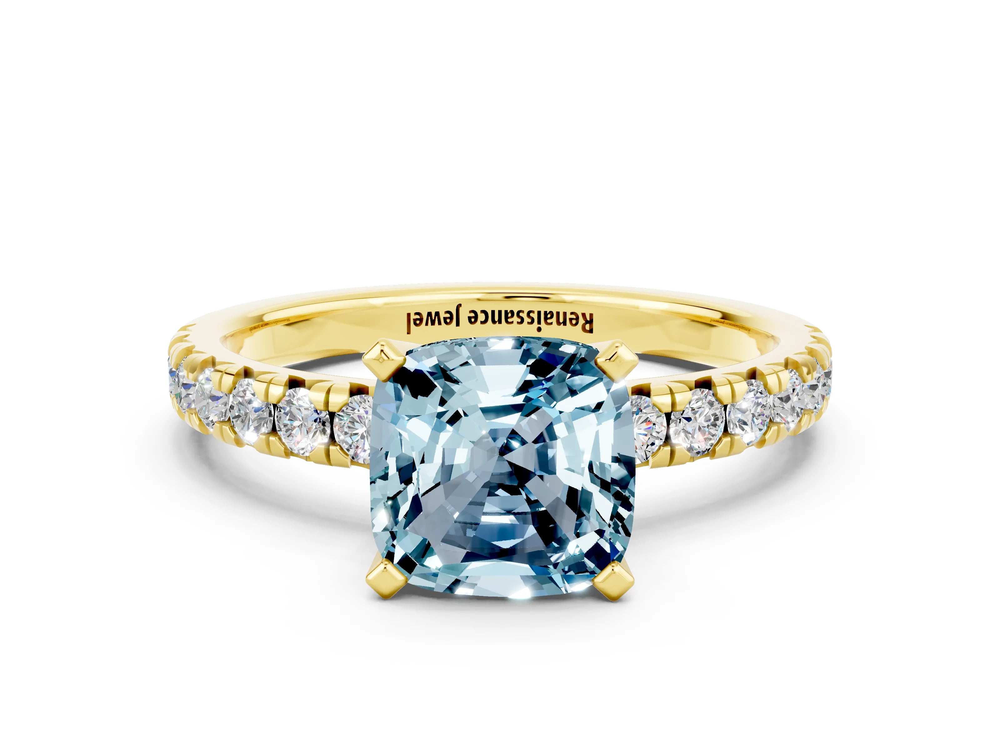Yellow gold Cushion Cut Solitaire Pave Diamond Engagement Ring with Four-Prong Setting