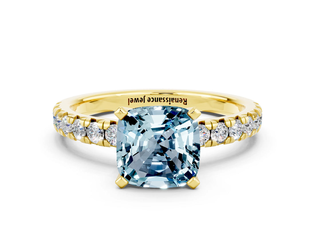 Yellow gold Cushion Cut Solitaire Pave Diamond Engagement Ring with Four-Prong Setting