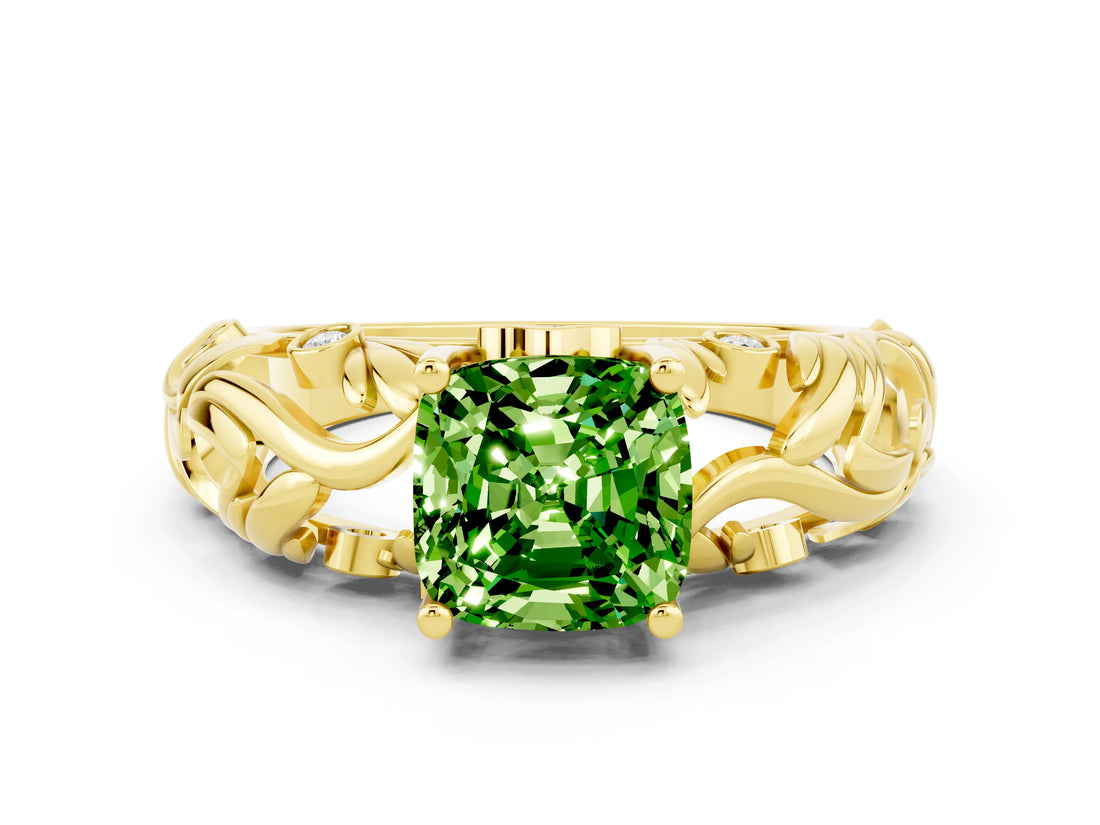 Yellow gold Cushion Cut Solitaire Peridot Leaf-Inspired Vine Band Ring with Prong Setting