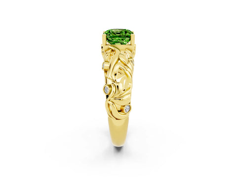 Yellow gold Cushion Cut Solitaire Peridot Leaf-Inspired Vine Band Ring with Prong Setting_2
