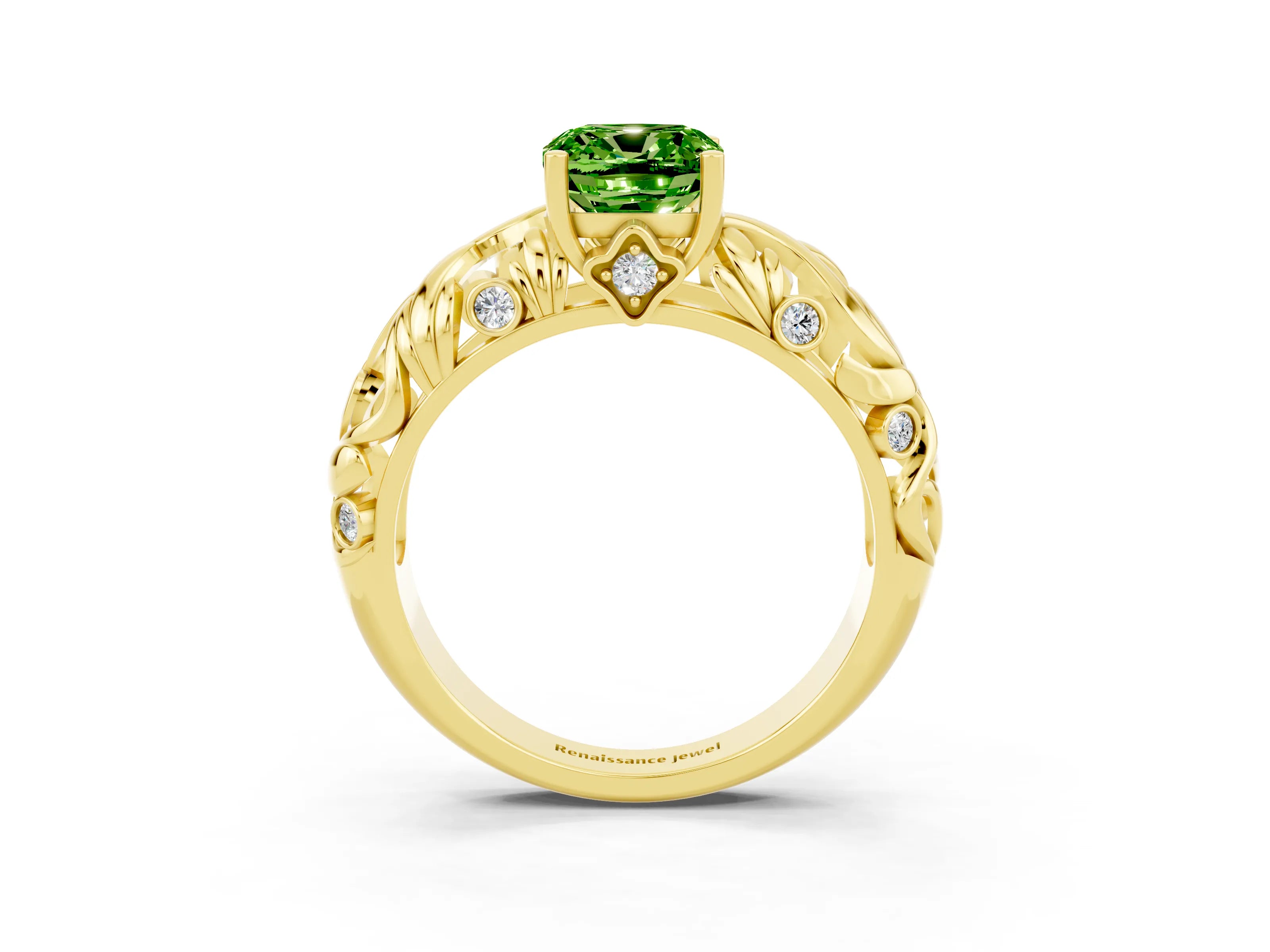 Yellow gold Cushion Cut Solitaire Peridot Leaf-Inspired Vine Band Ring with Prong Setting_3