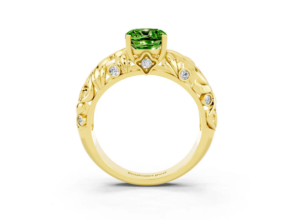 Yellow gold Cushion Cut Solitaire Peridot Leaf-Inspired Vine Band Ring with Prong Setting