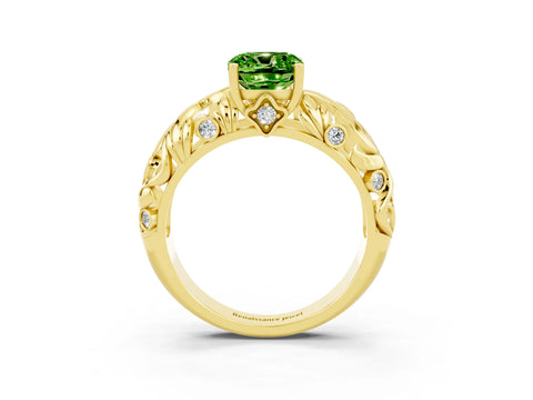Yellow gold Cushion Cut Solitaire Peridot Leaf-Inspired Vine Band Ring with Prong Setting_3