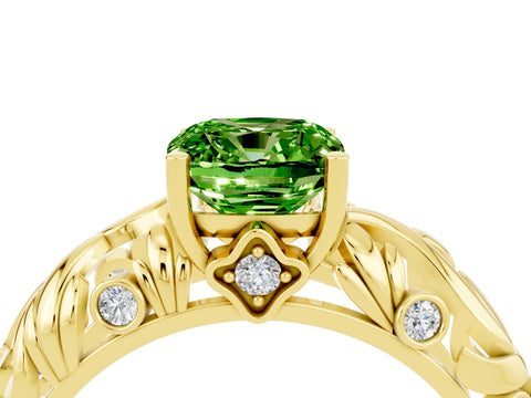 Yellow gold Cushion Cut Solitaire Peridot Leaf-Inspired Vine Band Ring with Prong Setting_4