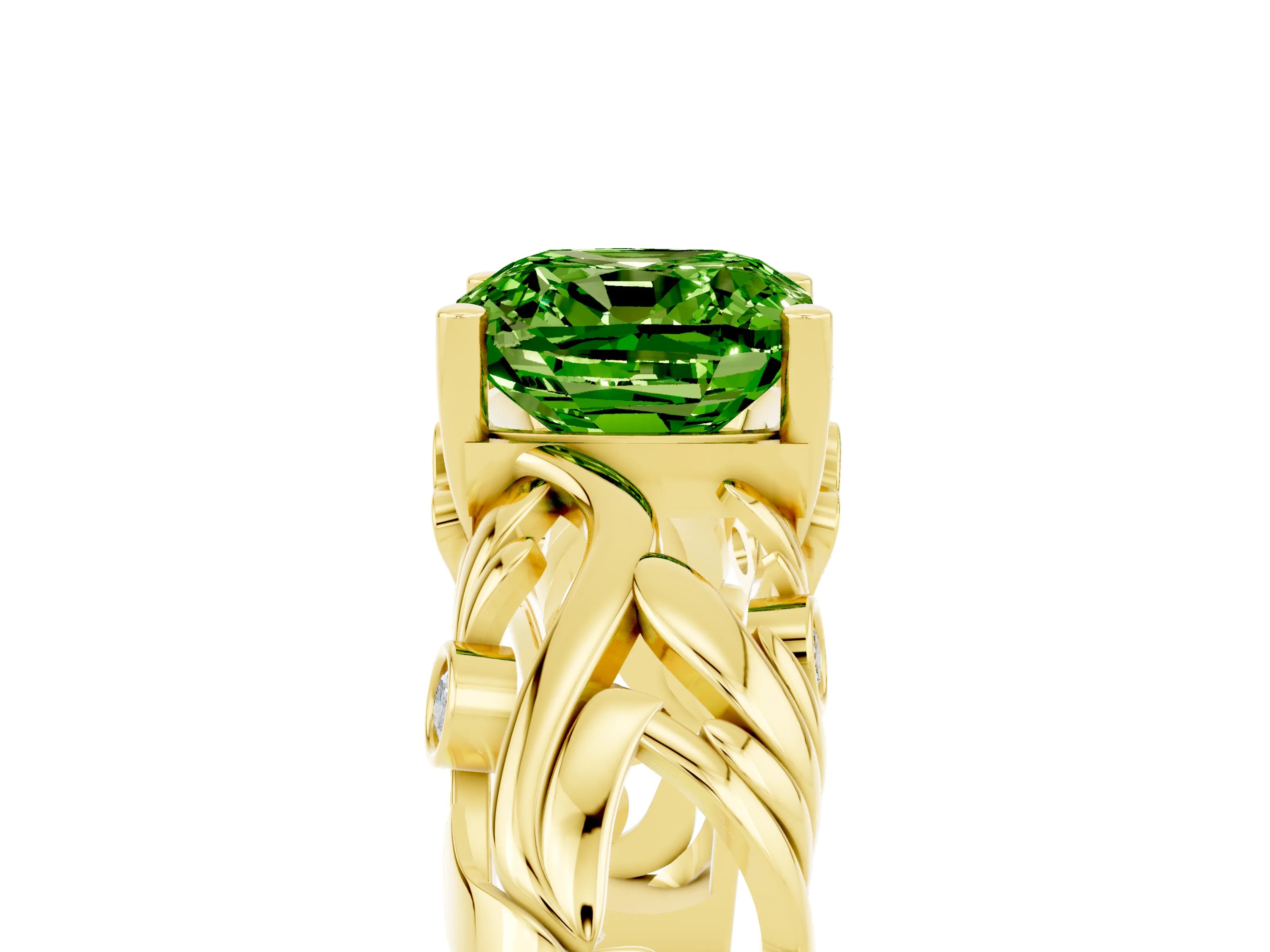 Yellow gold Cushion Cut Solitaire Peridot Leaf-Inspired Vine Band Ring with Prong Setting_5