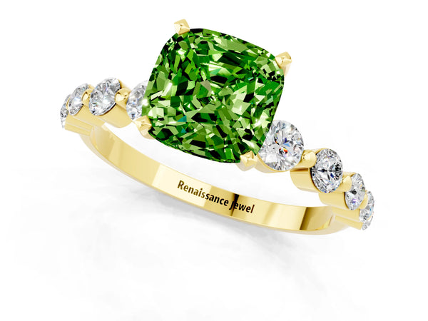 Yellow gold Cushion Cut Solitaire Peridot Ring with Pave Band and Four-Prong Setting