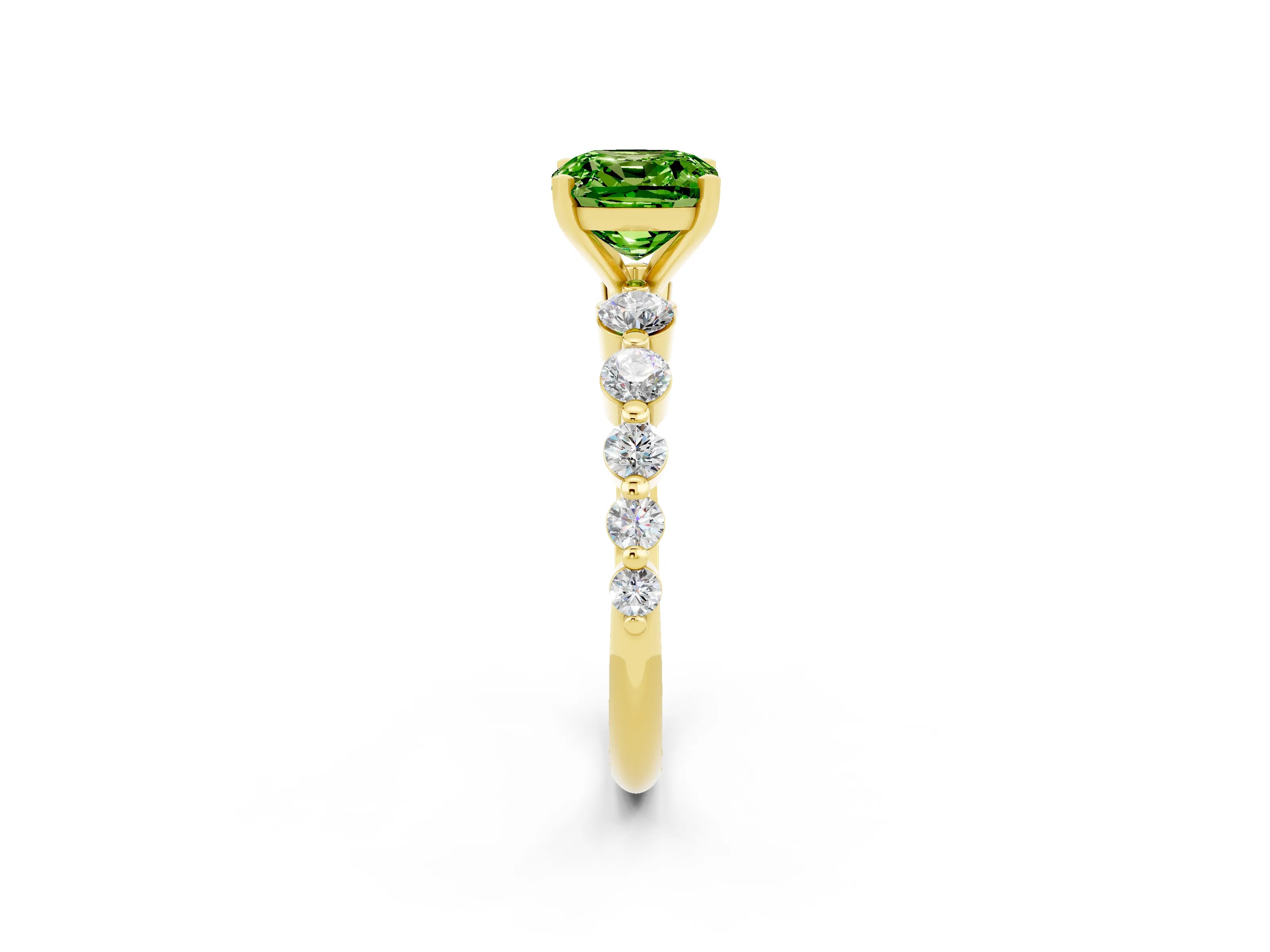 Yellow gold Cushion Cut Solitaire Peridot Ring with Pave Band and Four-Prong Setting_2