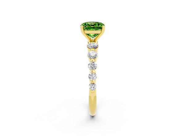 Yellow gold Cushion Cut Solitaire Peridot Ring with Pave Band and Four-Prong Setting