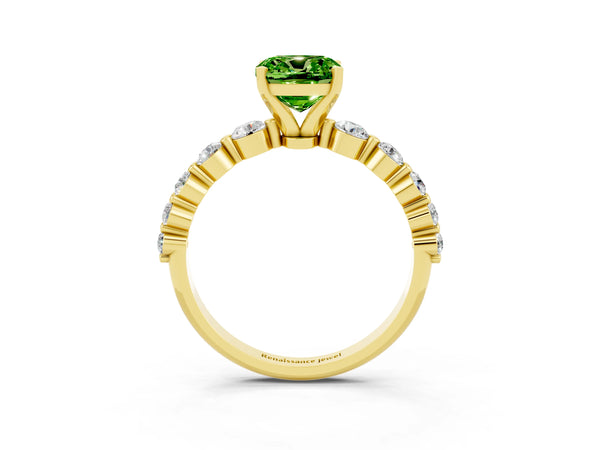 Yellow gold Cushion Cut Solitaire Peridot Ring with Pave Band and Four-Prong Setting
