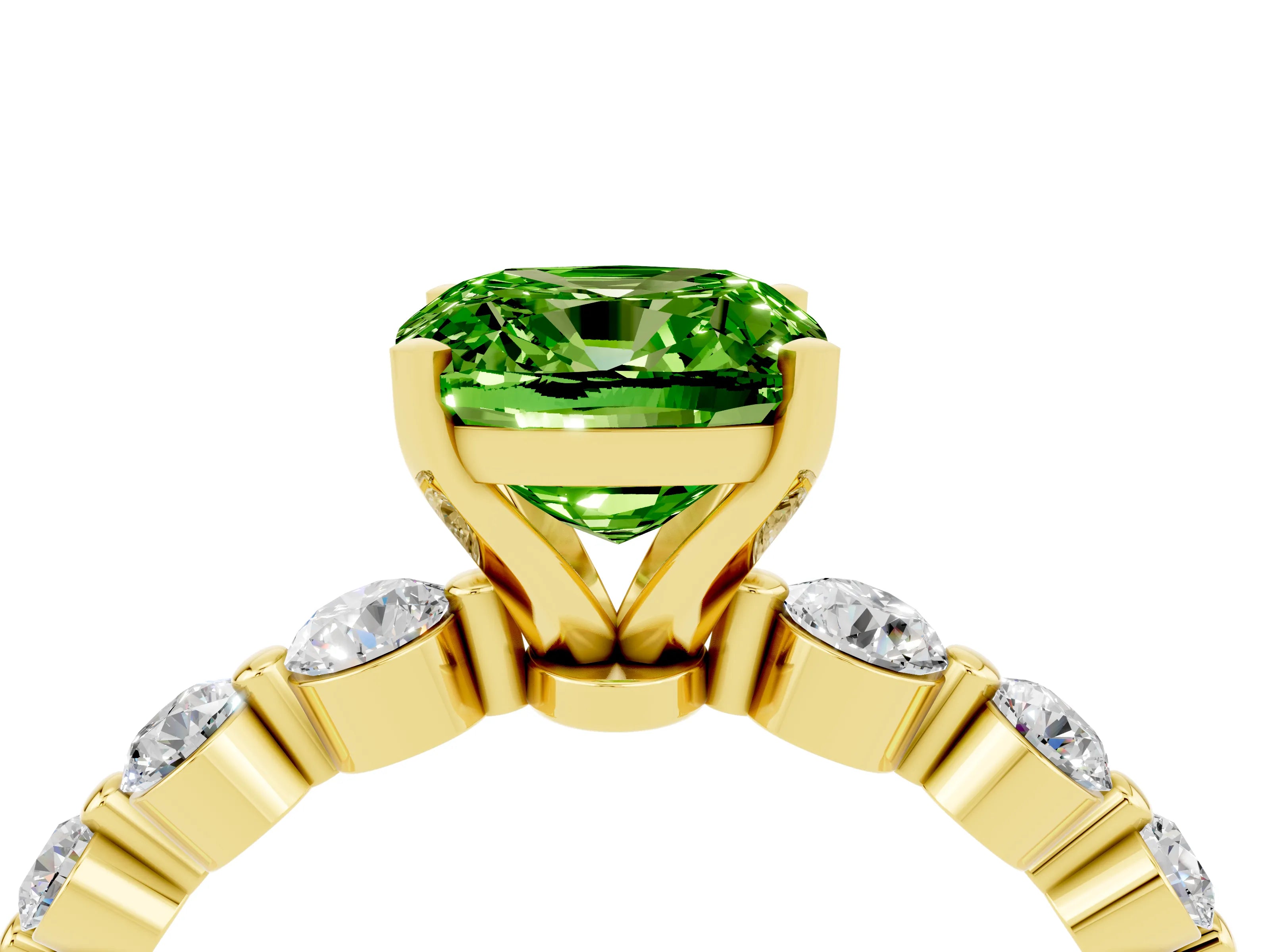 Yellow gold Cushion Cut Solitaire Peridot Ring with Pave Band and Four-Prong Setting_4