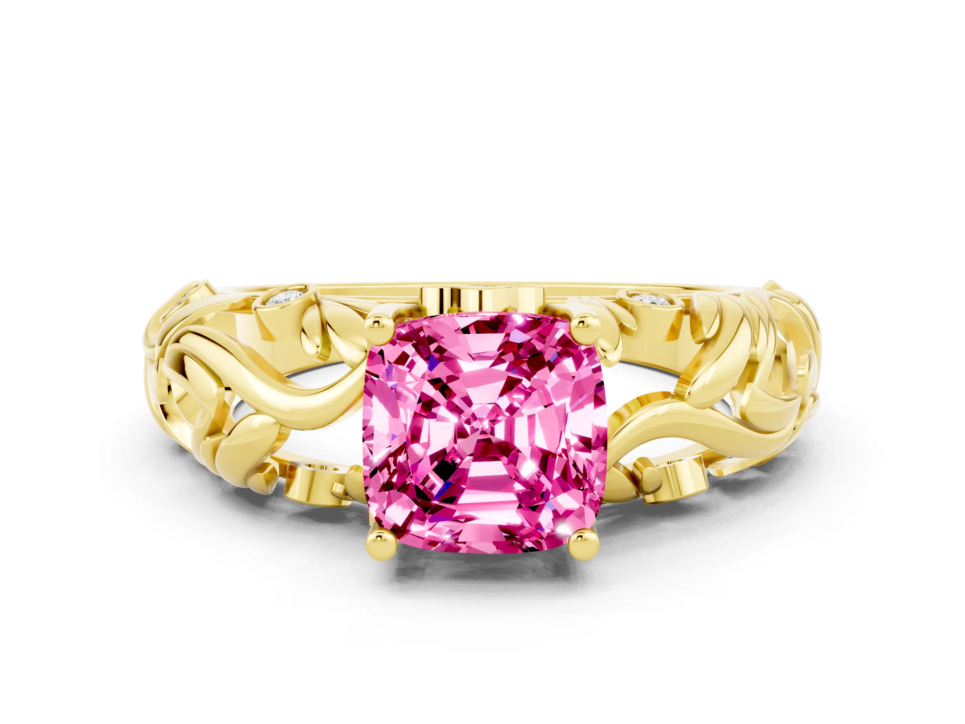 Yellow gold Cushion Cut Solitaire Pink Sapphire Leaf-Inspired Vine Band Ring with Prong Setting_24