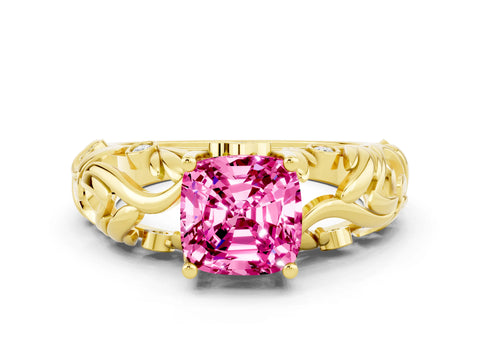 Yellow gold Cushion Cut Solitaire Pink Sapphire Leaf-Inspired Vine Band Ring with Prong Setting_24