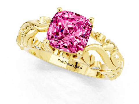 Yellow gold Cushion Cut Solitaire Pink Sapphire Leaf-Inspired Vine Band Ring with Prong Setting_25
