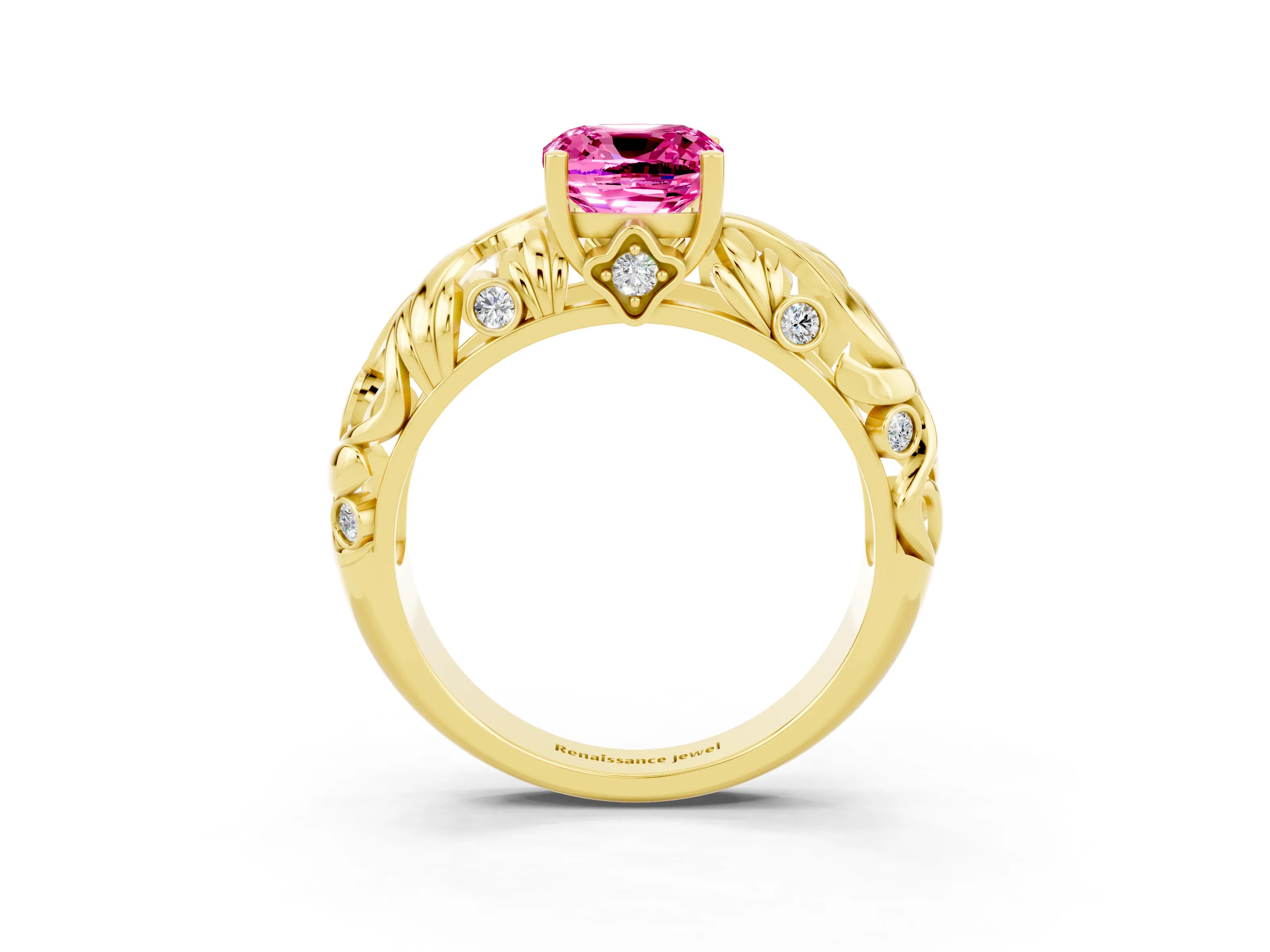 Yellow gold Cushion Cut Solitaire Pink Sapphire Leaf-Inspired Vine Band Ring with Prong Setting_27