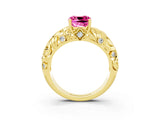 Yellow gold Cushion Cut Solitaire Pink Sapphire Leaf-Inspired Vine Band Ring with Prong Setting_27