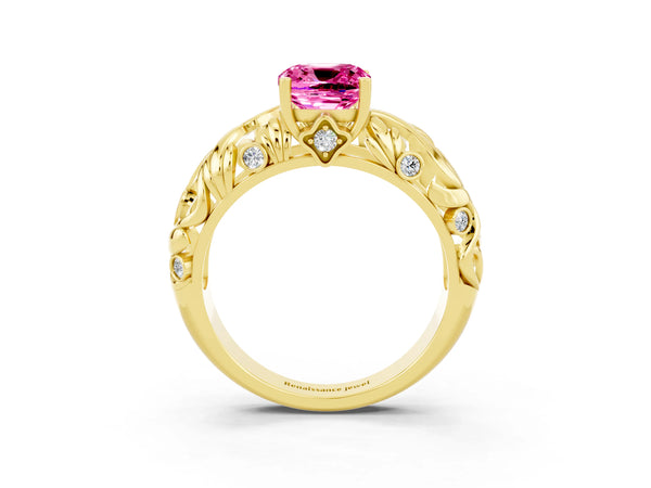Yellow gold Cushion Cut Solitaire Pink Sapphire Leaf-Inspired Vine Band Ring with Prong Setting