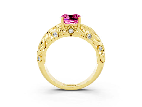 Yellow gold Cushion Cut Solitaire Pink Sapphire Leaf-Inspired Vine Band Ring with Prong Setting_27