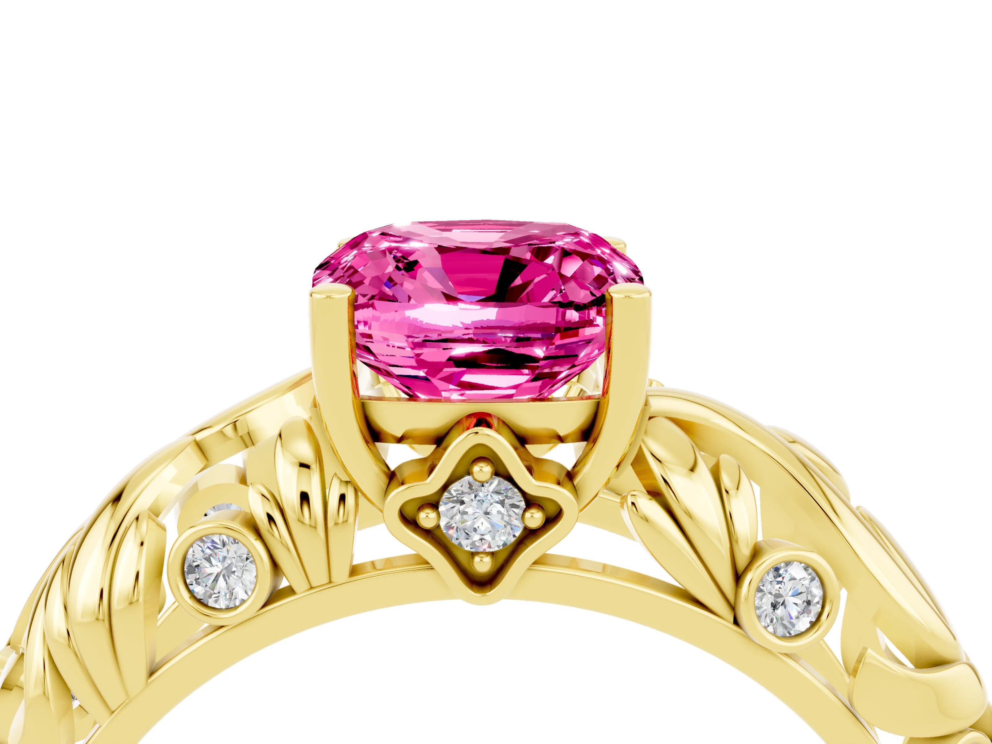 Yellow gold Cushion Cut Solitaire Pink Sapphire Leaf-Inspired Vine Band Ring with Prong Setting_28