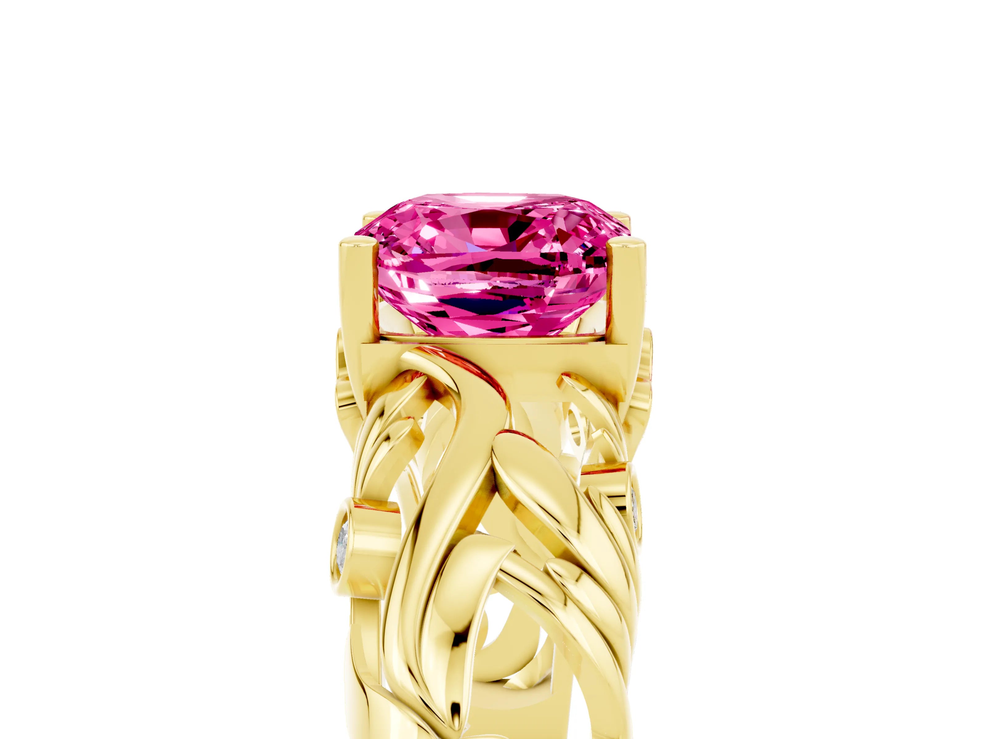 Yellow gold Cushion Cut Solitaire Pink Sapphire Leaf-Inspired Vine Band Ring with Prong Setting_29