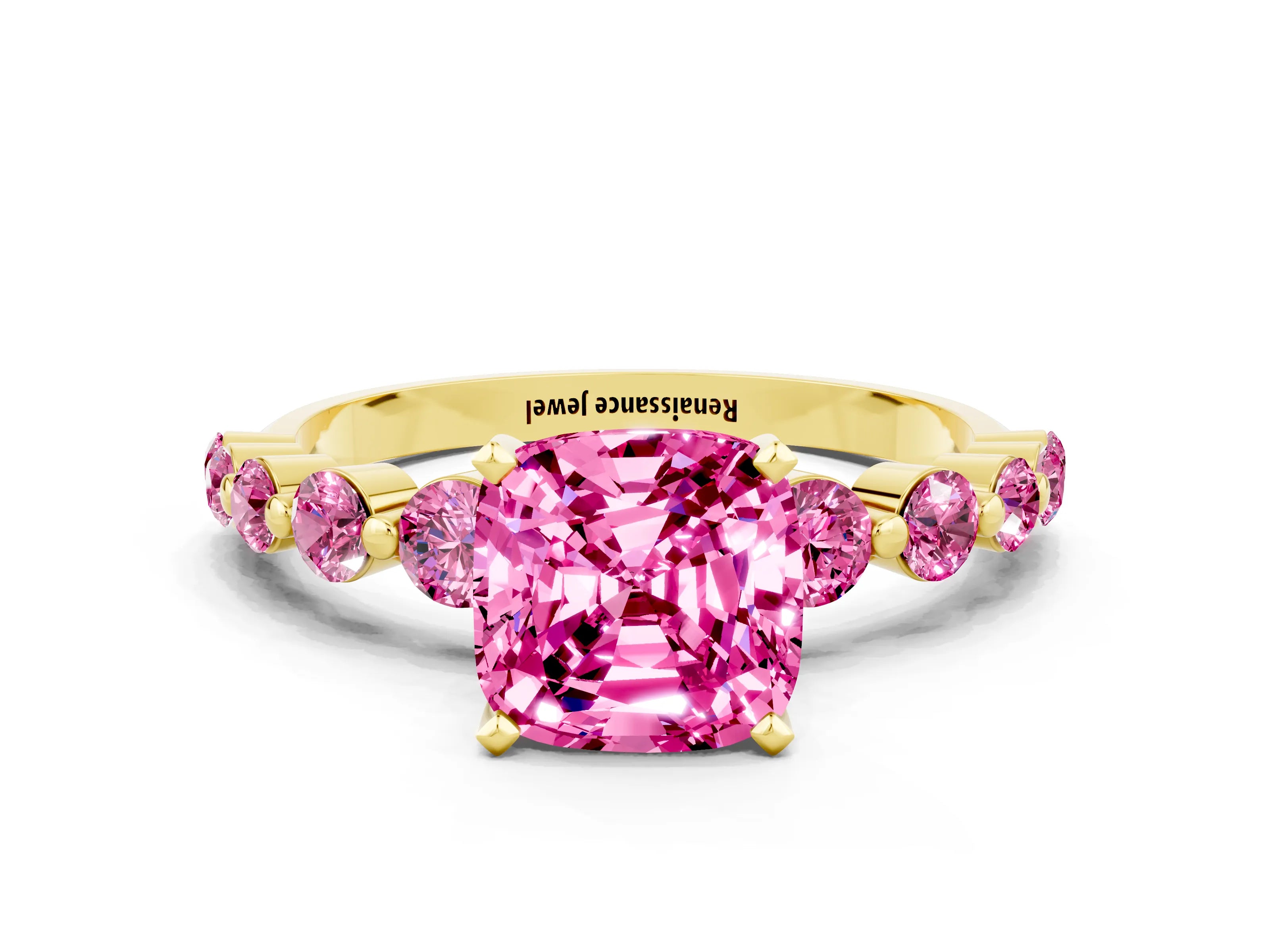 Yellow gold Cushion Cut Solitaire Pink Sapphire Ring with Pave Band and Four-Prong Setting