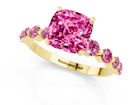 Yellow gold Cushion Cut Solitaire Pink Sapphire Ring with Pave Band and Four-Prong Setting_1