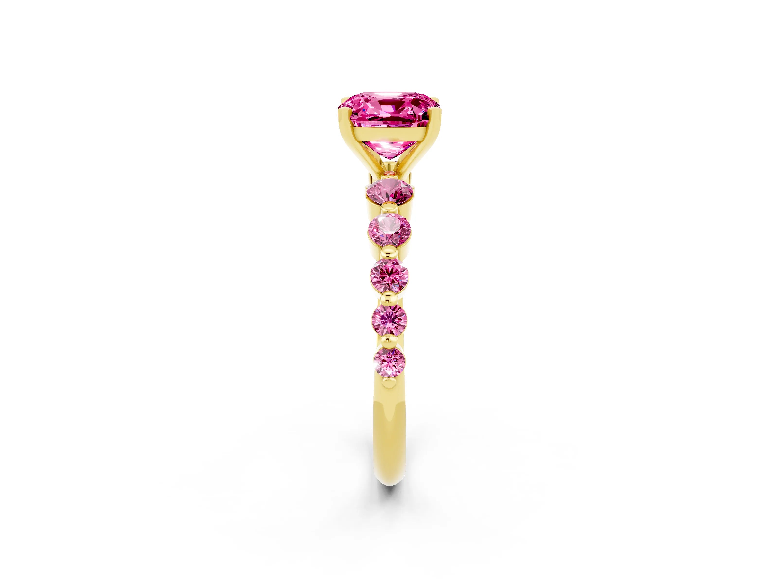 Yellow gold Cushion Cut Solitaire Pink Sapphire Ring with Pave Band and Four-Prong Setting_2