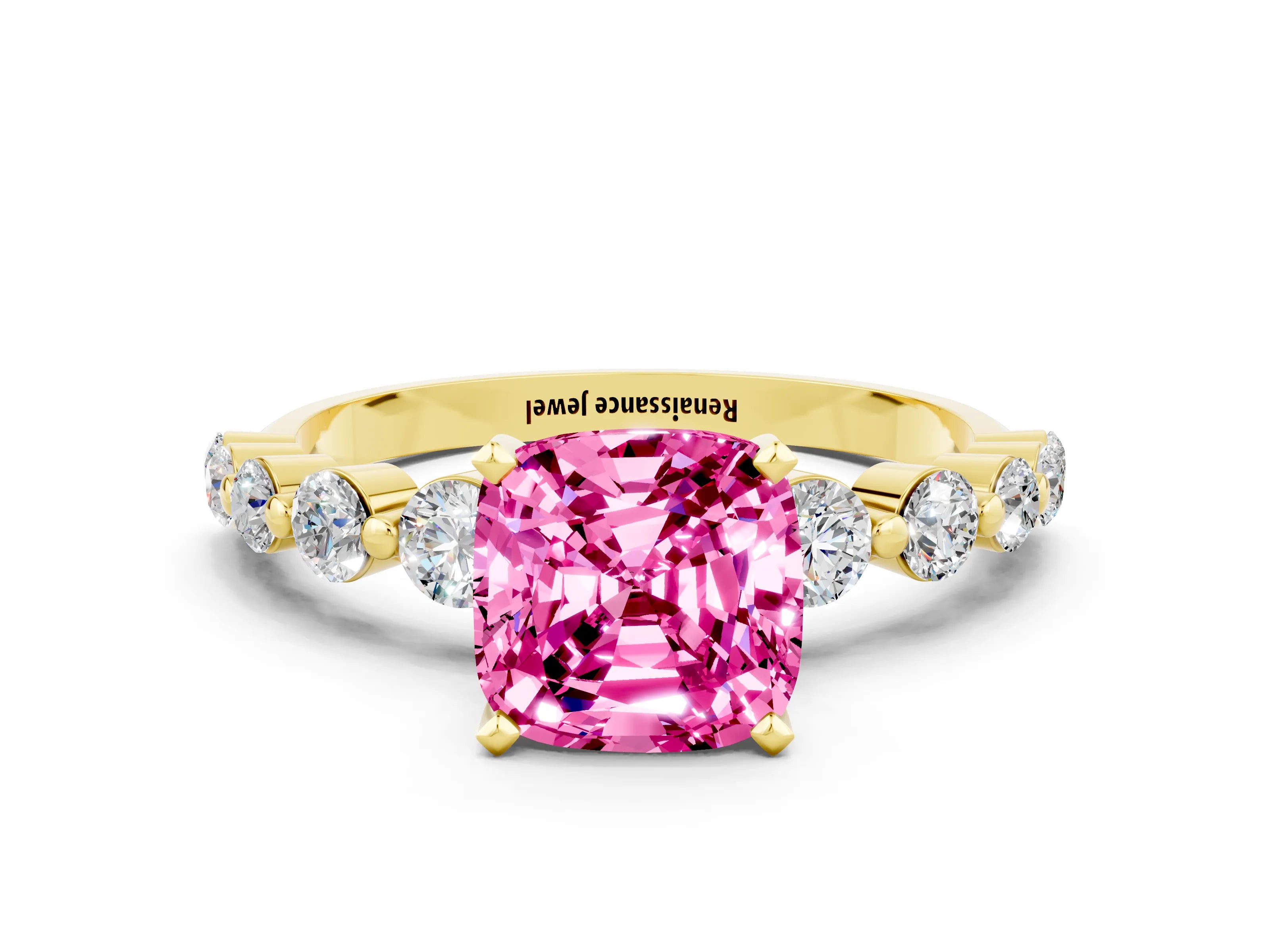 Yellow gold Cushion Cut Solitaire Pink Sapphire Ring with Pave Band and Four-Prong Setting_24