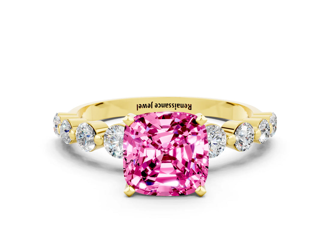 Yellow gold Cushion Cut Solitaire Pink Sapphire Ring with Pave Band and Four-Prong Setting_24